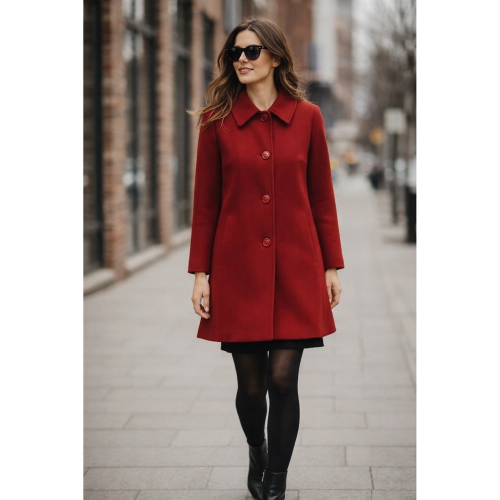 Vintage 60s Mod Red Wool Swing Coat‎ Satin Lined Classic A-Line Jacket Size 10